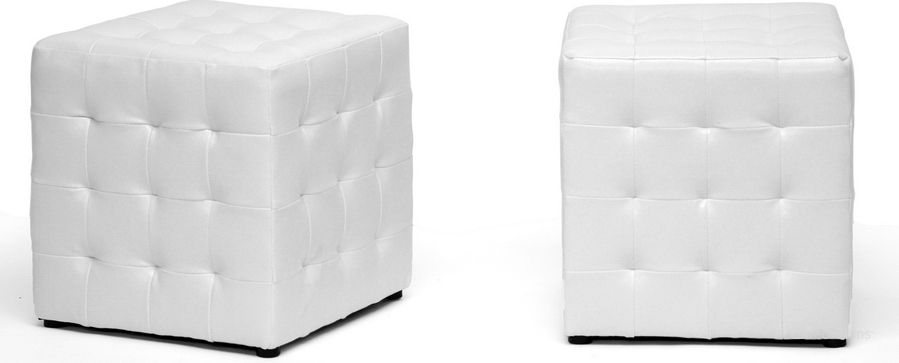 The appearance of Baxton Studio Siskal White Modern Cube Ottoman (Set Of 2) designed by Baxton Studio in the transitional interior design. This white piece of furniture  was selected by 1StopBedrooms from Siskal Collection to add a touch of cosiness and style into your home. Sku: BH-5589-WHITE-OTTO. Material: Wood. Product Type: Ottoman. Image1