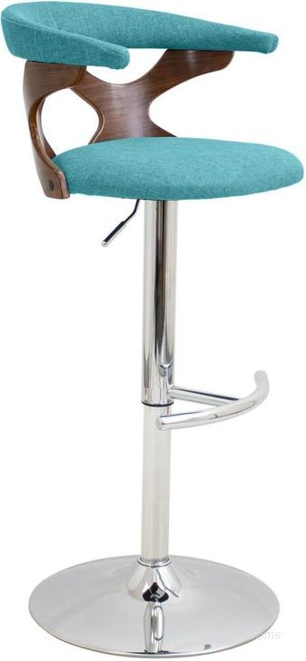 The appearance of Gardenia Walnut And Teal Adjustable Barstool designed by Lumisource in the modern / contemporary interior design. This blue piece of furniture  was selected by 1StopBedrooms from Gardenia Collection to add a touch of cosiness and style into your home. Sku: BS-GARD WL+TL. Material: Wood. Product Type: Barstool. Image1