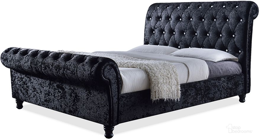 The appearance of Baxton Studio Castello Black Velvet Upholstered Faux Crystal-Buttoned Sleigh Queen Platform Bed designed by Baxton Studio in the modern / contemporary interior design. This black piece of furniture  was selected by 1StopBedrooms from Castello Collection to add a touch of cosiness and style into your home. Sku: CF8539-Black-Queen. Bed Type: Sleigh Bed. Material: Fabric. Product Type: Sleigh Bed. Bed Size: Queen. Image1