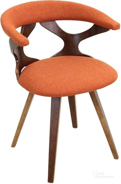 The appearance of Gardenia Walnut And Orange Chair designed by Lumisource in the transitional interior design. This orange piece of furniture  was selected by 1StopBedrooms from Gardenia Collection to add a touch of cosiness and style into your home. Sku: CH-GARD WL+O. Material: Wood. Product Type: Dining Chair. Image1