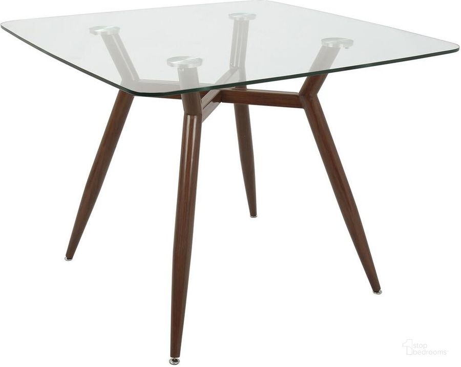 The appearance of Clara Clear Glass Brown Square Dining Table designed by Lumisource in the transitional interior design. This brown glass piece of furniture  was selected by 1StopBedrooms from Clara Collection to add a touch of cosiness and style into your home. Sku: DT-CLR3838 WLGL. Table Base Style: Trestle. Table Top Shape: Square. Material: Metal. Product Type: Dining Table. Size: 38". Image1