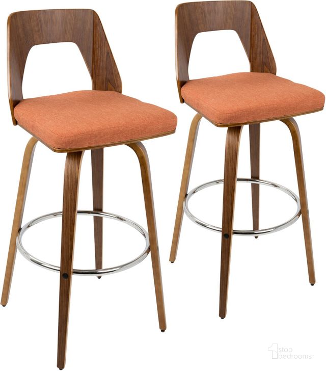 The appearance of Trilogy Modern Barstool in Walnut and Orange Fabric - Set of 2 designed by Lumisource in the transitional interior design. This orange piece of furniture  was selected by 1StopBedrooms from Trilogy Collection to add a touch of cosiness and style into your home. Sku: B30-TRILO2-SWVR WLO2. Material: Polyester. Product Type: Barstool. Image1