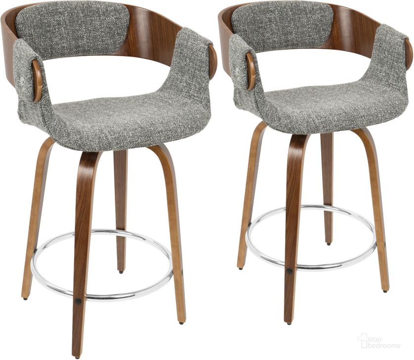 The appearance of Elisa Modern Counter Stool in Walnut and Grey Fabric - Set of 2 designed by Lumisource in the transitional interior design. This walnut piece of furniture  was selected by 1StopBedrooms from Elisa Collection to add a touch of cosiness and style into your home. Sku: B24-ELISA2-SWVR WLGY2. Material: Polyester. Product Type: Counter Height Chair. Image1