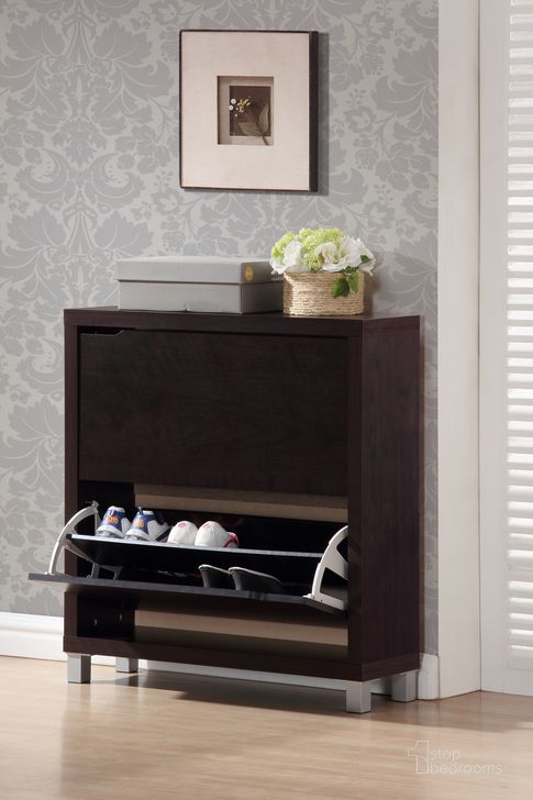 The appearance of Baxton Studio Simms Dark Brown Modern Shoe Cabinet FP-2OUS-Cappucino designed by Baxton Studio in the transitional interior design. This dark brown piece of furniture  was selected by 1StopBedrooms from Simms Collection to add a touch of cosiness and style into your home. Sku: FP-2OUS-Cappucino. Material: Wood. Product Type: Shoe Cabinet.
