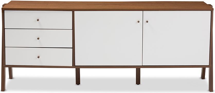 The appearance of Baxton Studio Harlow Mid-Century Modern Scandinavian Style White And Walnut Wood Sideboard Storage Cabinet designed by Baxton Studio in the modern / contemporary interior design. This walnut piece of furniture  was selected by 1StopBedrooms from Harlow Collection to add a touch of cosiness and style into your home. Sku: FP-6780-Walnut/White. Material: Wood. Product Type: Media Console. Image1