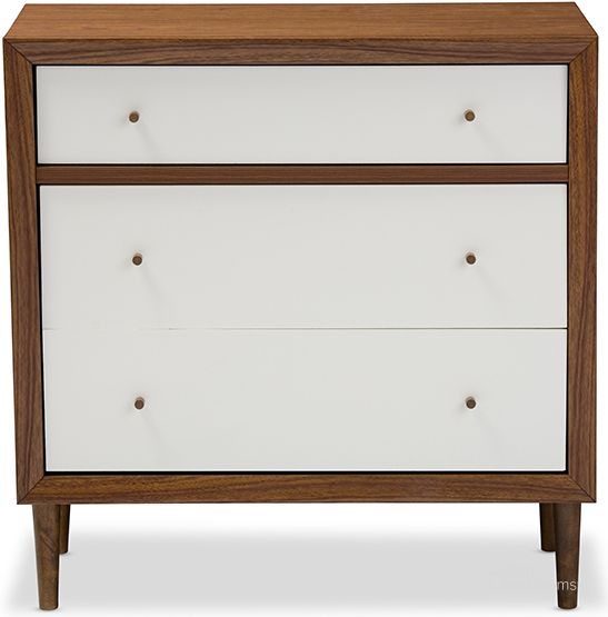 The appearance of Baxton Studio Harlow Mid-Century Modern Scandinavian Style White And Walnut Wood 3-Drawer Chest designed by Baxton Studio in the modern / contemporary interior design. This walnut piece of furniture  was selected by 1StopBedrooms from Harlow Collection to add a touch of cosiness and style into your home. Sku: FP-6782-Walnut/White. Product Type: Chest. Material: Rubberwood. Image1