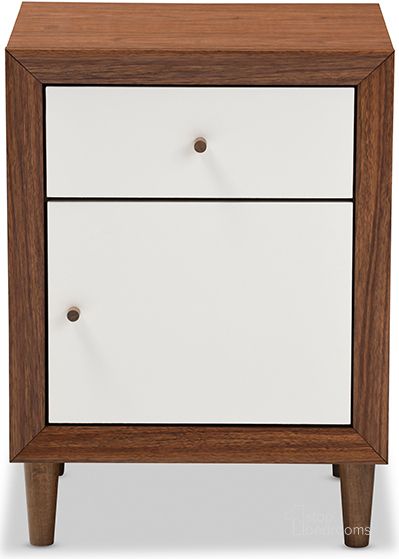The appearance of Baxton Studio Harlow Mid-Century Modern Scandinavian Style White And Walnut Wood 1-Drawer And 1-Door Nightstand designed by Baxton Studio in the modern / contemporary interior design. This walnut piece of furniture  was selected by 1StopBedrooms from Harlow Collection to add a touch of cosiness and style into your home. Sku: FP-6783-Walnut/White-NS. Product Type: Nightstand. Material: Rubberwood. Image1