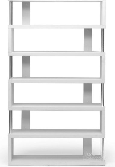 The appearance of Baxton Studio Barnes White Six-Shelf Modern Bookcase designed by Baxton Studio in the transitional interior design. This white piece of furniture  was selected by 1StopBedrooms from Barnes Collection to add a touch of cosiness and style into your home. Sku: FP-6D-White. Material: Wood. Product Type: Office Bookshelf. Image1