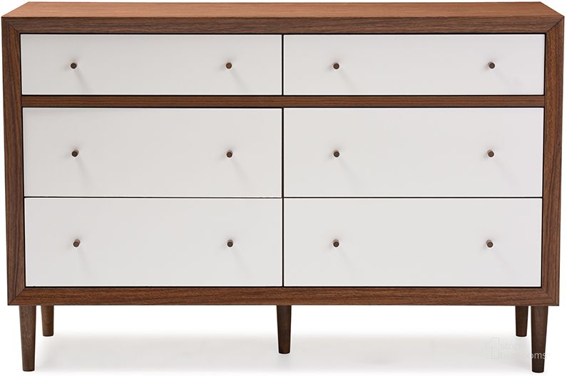 The appearance of Baxton Studio Harlow Mid-Century Modern Scandinavian Style White And Walnut Wood 6-Drawer Storage Dresser designed by Baxton Studio in the modern / contemporary interior design. This walnut piece of furniture  was selected by 1StopBedrooms from Harlow Collection to add a touch of cosiness and style into your home. Sku: FP-6781-Walnut/White. Product Type: Dresser. Material: Rubberwood. Image1