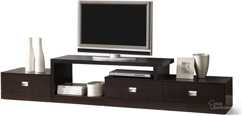 The appearance of Baxton Studio Marconi Brown Asymmetrical Modern Tv Stand designed by Baxton Studio in the transitional interior design. This dark brown piece of furniture  was selected by 1StopBedrooms from Marconi Collection to add a touch of cosiness and style into your home. Sku: FTV-4125. Material: Wood. Product Type: TV Stands and TV Console. Image1
