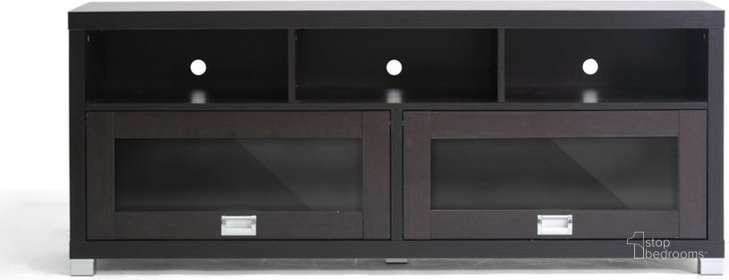 The appearance of Baxton Studio Swindon Modern Tv Stand With Glass Doors designed by Baxton Studio in the modern / contemporary interior design. This dark brown piece of furniture  was selected by 1StopBedrooms from Swindon Collection to add a touch of cosiness and style into your home. Sku: FTV-885. Material: Wood. Product Type: TV Stands and TV Console. Image1