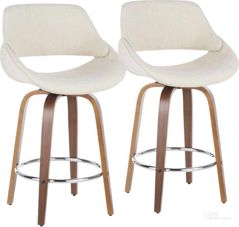 The appearance of Fabrico Modern Counter Stool in Walnut and Cream Noise Fabric - Set of 2 designed by Lumisource in the transitional interior design. This walnut piece of furniture  was selected by 1StopBedrooms from Fabrizzi Collection to add a touch of cosiness and style into your home. Sku: B26-FBCO2Q WLCR2. Material: Polyester. Product Type: Counter Height Chair. Image1