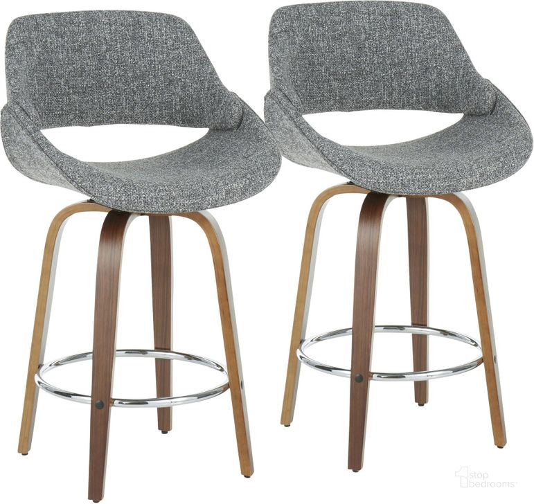 The appearance of Fabrico Modern Counter Stool in Walnut and Grey Noise Fabric - Set of 2 designed by Lumisource in the transitional interior design. This walnut piece of furniture  was selected by 1StopBedrooms from Fabrizzi Collection to add a touch of cosiness and style into your home. Sku: B26-FBCO2Q WLGY2. Material: Polyester. Product Type: Counter Height Chair. Image1