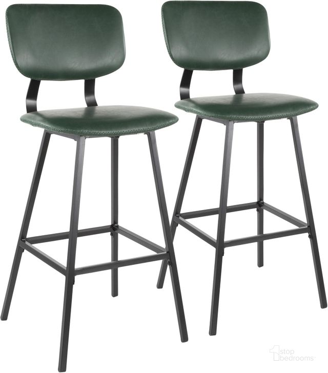 The appearance of Foundry Barstool in Black Metal and Green Faux Leather with Green Zig Zag Stitching - Set of 2 designed by Lumisource in the modern / contemporary interior design. This black piece of furniture  was selected by 1StopBedrooms from Foundry Collection to add a touch of cosiness and style into your home. Sku: B30-FNDY BK+GN2. Material: Leather. Product Type: Barstool. Image1