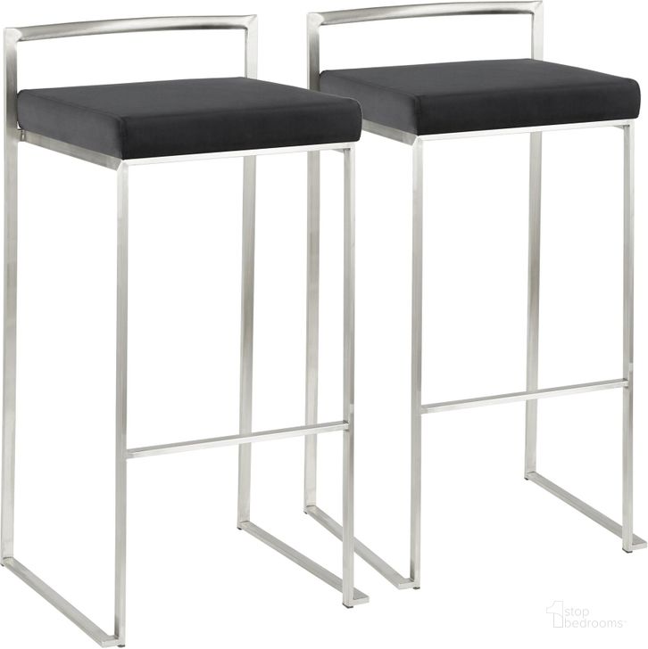 The appearance of Fuji Stackable Barstool in Stainless Steel with Black Velvet Cushion - Set of 2 designed by Lumisource in the modern / contemporary interior design. This brushed piece of furniture  was selected by 1StopBedrooms from Fuji Collection to add a touch of cosiness and style into your home. Sku: B30-FUJI VBK2. Product Type: Barstool. Material: Velvet. Image1