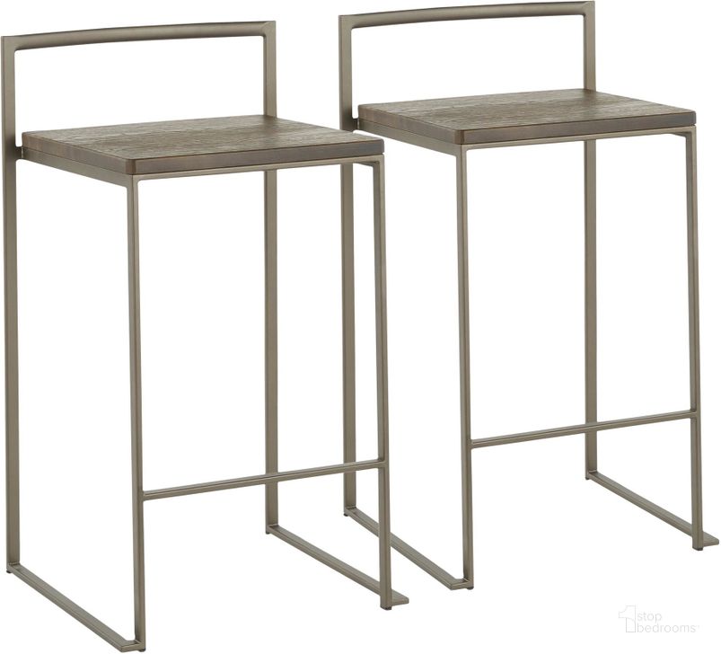 The appearance of Fuji Stackable Counter Stool in Antique with an Espresso Wood-Pressed Grain Bamboo Seat - Set of 2 designed by Lumisource in the industrial interior design. This antique metal piece of furniture  was selected by 1StopBedrooms from Fuji Collection to add a touch of cosiness and style into your home. Sku: B26-FUJI ANWDE2. Material: Glass. Product Type: Counter Height Chair. Image1
