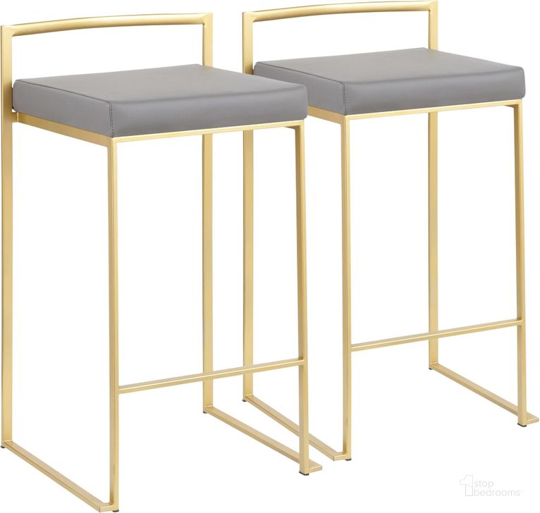 The appearance of Fuji Counter Stool in Gold with Grey Faux Leather - Set of 2 designed by Lumisource in the modern / contemporary interior design. This gold piece of furniture  was selected by 1StopBedrooms from Fuji Collection to add a touch of cosiness and style into your home. Sku: B26-FUJI AUGY2. Material: Leather. Product Type: Counter Height Chair. Image1