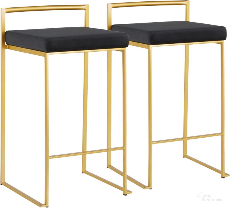 The appearance of Fuji Counter Stool in Gold with Black Velvet Cushion - Set of 2 designed by Lumisource in the modern / contemporary interior design. This gold and black piece of furniture  was selected by 1StopBedrooms from Fuji Collection to add a touch of cosiness and style into your home. Sku: B26-FUJI AUVBK2. Product Type: Counter Height Chair. Material: Velvet. Image1