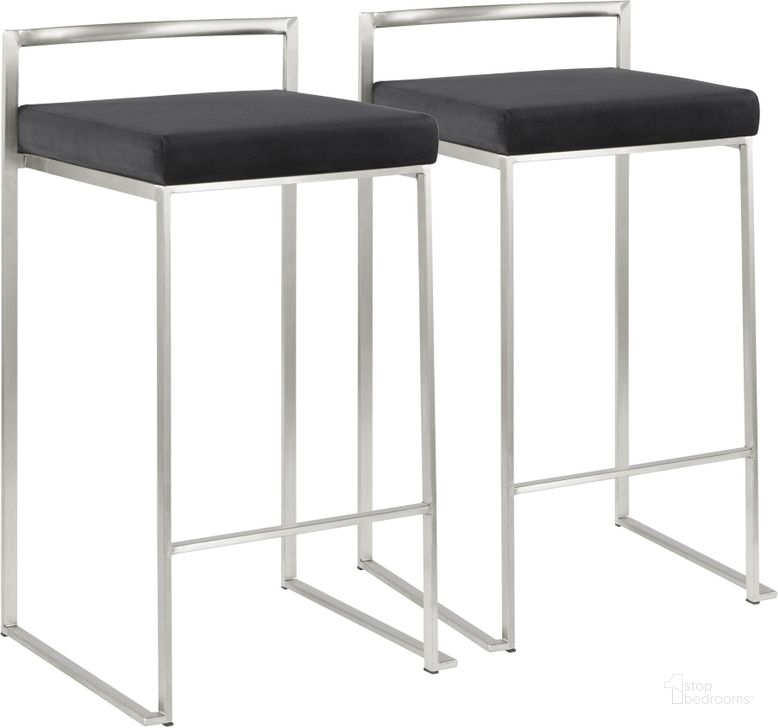 The appearance of Fuji Stackable Counter Stool in Stainless Steel with Black Velvet Cushion - Set of 2 designed by Lumisource in the modern / contemporary interior design. This brushed piece of furniture  was selected by 1StopBedrooms from Fuji Collection to add a touch of cosiness and style into your home. Sku: B26-FUJI VBK2. Product Type: Counter Height Chair. Material: Velvet. Image1
