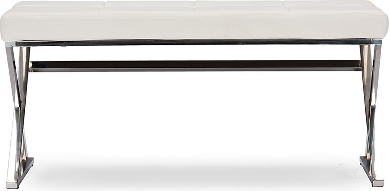 The appearance of Baxton Studio Herald Modern And Contemporary Stainless Steel And White Faux Leather Upholstered Rectangle Bench designed by Baxton Studio in the modern / contemporary interior design. This white piece of furniture  was selected by 1StopBedrooms from Herald Collection to add a touch of cosiness and style into your home. Sku: GY-8414 White PU. Product Type: Accent and Storage Bench. Material: Stainless Steel. Image1