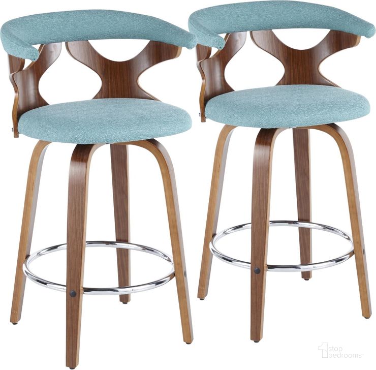 The appearance of Gardenia Modern Counter Stool in Walnut and Teal Fabric - Set of 2 designed by Lumisource in the transitional interior design. This walnut piece of furniture  was selected by 1StopBedrooms from Gardenia Collection to add a touch of cosiness and style into your home. Sku: B26-GARD2-SWVR WLTL2. Material: Polyester. Product Type: Counter Height Chair. Image1