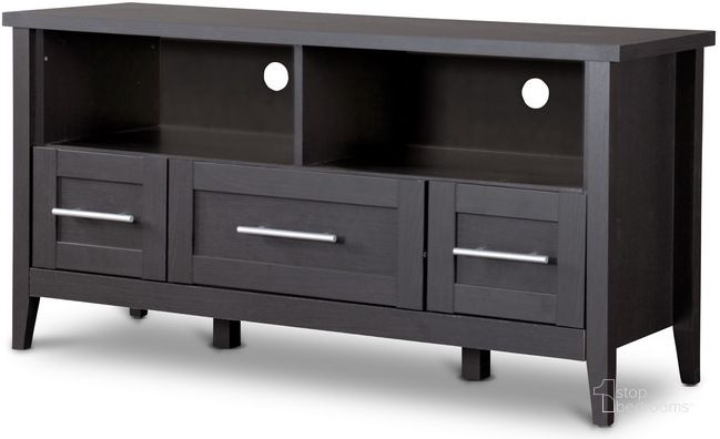 The appearance of Baxton Studio Espresso Tv Stand-Three Drawers designed by Baxton Studio in the modern / contemporary interior design. This dark brown piece of furniture  was selected by 1StopBedrooms from Espresso Collection to add a touch of cosiness and style into your home. Sku: I-1504. Material: Wood. Product Type: TV Stands and TV Console. Image1