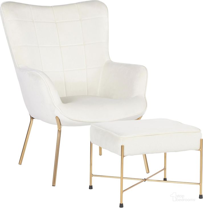 The appearance of Izzy Lounge Chair and Ottoman Set in Gold Metal and Cream Velvet Fabric designed by Lumisource in the modern / contemporary interior design. This cream piece of furniture  was selected by 1StopBedrooms from Izzy Collection to add a touch of cosiness and style into your home. Sku: C2-IZZY AUVCR. Material: Velvet. Product Type: Lounge Chair. Image1