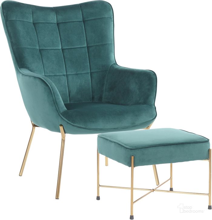 The appearance of Izzy Lounge Chair and Ottoman Set in Gold Metal and Green Velvet Fabric designed by Lumisource in the modern / contemporary interior design. This green piece of furniture  was selected by 1StopBedrooms from Izzy Collection to add a touch of cosiness and style into your home. Sku: C2-IZZY AUVGN. Material: Velvet. Product Type: Lounge Chair. Image1