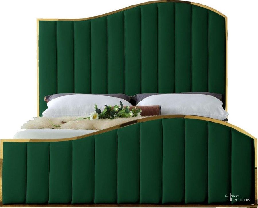 The appearance of Meridian Jolie Green Velvet King Bed designed by Meridian in the modern / contemporary interior design. This green velvet piece of furniture  was selected by 1StopBedrooms from Jolie Collection to add a touch of cosiness and style into your home. Sku: JolieGreen-K-1;JolieGreen-K-2;JolieGreen-K-3. Bed Type: Platform Bed. Product Type: Platform Bed. Bed Size: King. Material: Velvet. Image1