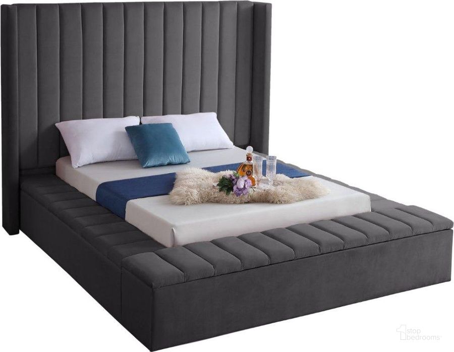 The appearance of Kiki Velvet King Bed In Grey designed by Meridian in the modern / contemporary interior design. This grey piece of furniture  was selected by 1StopBedrooms from Kiki Collection to add a touch of cosiness and style into your home. Sku: KikiGrey-K-1;KikiGrey-K-2;KikiGrey-K-3. Bed Type: Storage Bed. Product Type: Storage Bed. Bed Size: King. Material: Velvet. Image1