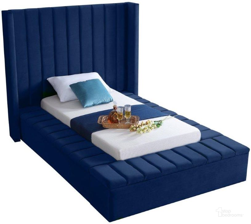 The appearance of Kiki Navy Velvet Twin Bed designed by Meridian in the modern / contemporary interior design. This navy velvet piece of furniture  was selected by 1StopBedrooms from Kiki Collection to add a touch of cosiness and style into your home. Sku: KikiNavy-T-1;KikiNavy-T-2;KikiNavy-T-3. Bed Size: Twin. Product Type: Kids Bed. Material: Velvet. Image1