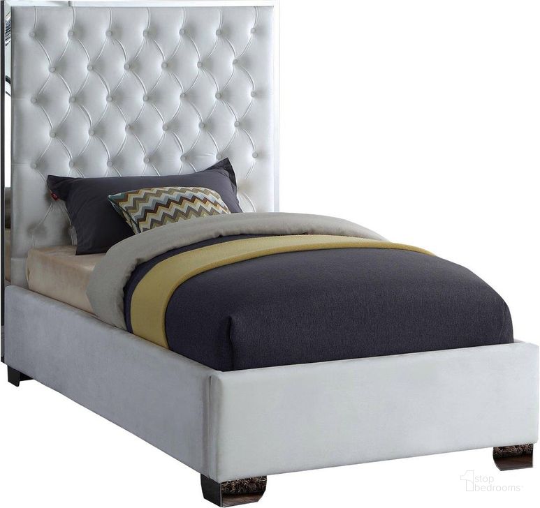 The appearance of Lexi Velvet Twin Bed In White designed by Meridian in the modern / contemporary interior design. This white velvet piece of furniture  was selected by 1StopBedrooms from Lexi Collection to add a touch of cosiness and style into your home. Sku: LexiWhite-T-1;LexiWhite-T-2. Product Type: Bed. Bed Size: Twin. Material: Velvet. Image1
