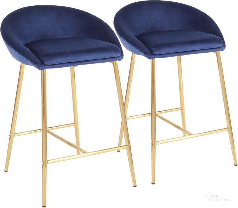 The appearance of Matisse 26" Counter Stool with Gold Metal and Blue Velvet - Set of 2 designed by Lumisource in the glam interior design. This gold piece of furniture  was selected by 1StopBedrooms from Matisse Collection to add a touch of cosiness and style into your home. Sku: B26-MATSE AUVBU2. Product Type: Counter Height Chair. Material: Velvet. Image1