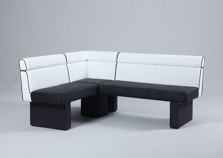 The appearance of Natasha Upholstered Dining Nook designed by Chintaly Imports in the modern / contemporary interior design. This white and black piece of furniture  was selected by 1StopBedrooms from Natasha Collection to add a touch of cosiness and style into your home. Sku: NATASHA-NOOK. Material: Faux Leather. Product Type: Dining Bench. Image1