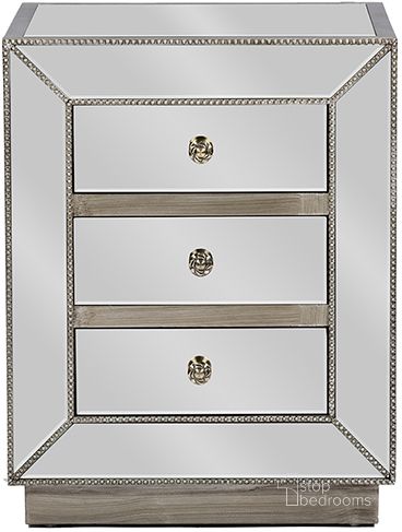 The appearance of Baxton Studio Currin Contemporary Mirrored 3-Drawer End Table designed by Baxton Studio in the modern / contemporary interior design. This silver piece of furniture  was selected by 1StopBedrooms from Currin Collection to add a touch of cosiness and style into your home. Sku: RS2102. Product Type: End Table. Material: MDF. Image1