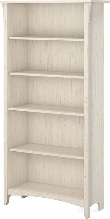 The appearance of Bush Furniture Salinas 5 Shelf Bookcase in Antique White designed by Bush Furniture in the transitional interior design. This antique white piece of furniture  was selected by 1StopBedrooms from Salinas Collection to add a touch of cosiness and style into your home. Sku: SAB132AW-03. Material: Wood. Product Type: Bookcase. Image1