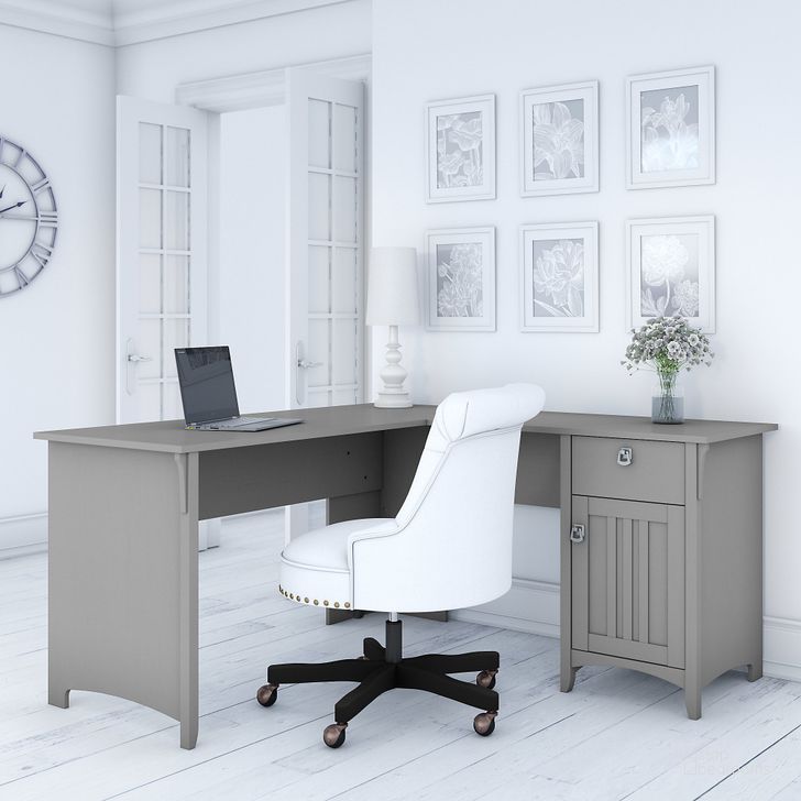 The appearance of Salinas L Shaped Desk with Storage in Cape Cod Gray designed by Bush Furniture in the transitional interior design. This gray piece of furniture  was selected by 1StopBedrooms from Salinas Collection to add a touch of cosiness and style into your home. Sku: SAD160CG-03. Product Type: Office Desk. Image1