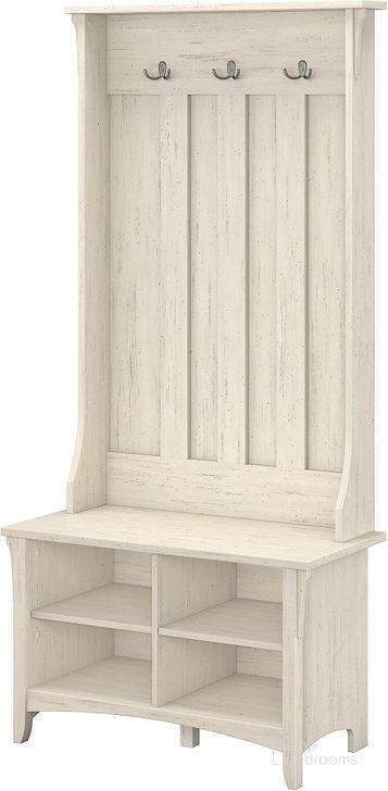 The appearance of Bush Furniture Salinas Hall Tree with Storage Bench in Antique White designed by Bush Furniture in the transitional interior design. This antique white piece of furniture  was selected by 1StopBedrooms from Salinas Collection to add a touch of cosiness and style into your home. Sku: SAL001AW. Material: Wood. Product Type: Storage Bench. Image1
