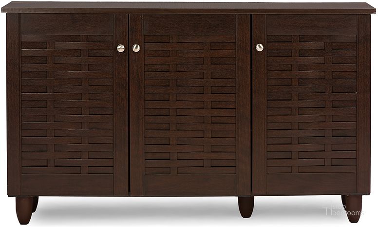 The appearance of Baxton Studio Winda Modern And Contemporary 3-Door Dark Brown Wooden Entryway Shoes Storage Cabinet designed by Baxton Studio in the modern / contemporary interior design. This dark brown piece of furniture  was selected by 1StopBedrooms from Winda Collection to add a touch of cosiness and style into your home. Sku: SC864573 B-Wenge. Material: Wood. Product Type: Shoe Cabinet. Image1