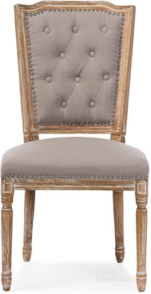 The appearance of Baxton Studio Estelle Chic Rustic French Country Cottage Weathered Oak Beige Fabric Button-Tufted Upholstered Dining Chair designed by Baxton Studio in the modern / contemporary interior design. This beige piece of furniture  was selected by 1StopBedrooms from Estelle Collection to add a touch of cosiness and style into your home. Sku: TSF-9341. Material: Fabric. Product Type: Dining Chair. Image1