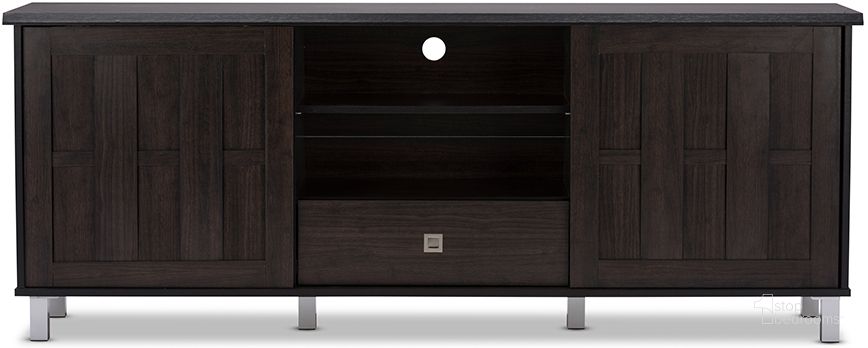 The appearance of Baxton Studio Unna 70-Inch Dark Brown Wood Tv Cabinet With 2 Sliding Doors And Drawer designed by Baxton Studio in the modern / contemporary interior design. This dark brown piece of furniture  was selected by 1StopBedrooms from Unna Collection to add a touch of cosiness and style into your home. Sku: TV831240 -Wenge. Material: Wood. Product Type: TV Stands and TV Console. Image1