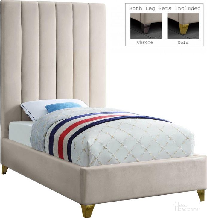 The appearance of Via Velvet Twin Bed In Cream designed by Meridian in the modern / contemporary interior design. This cream velvet piece of furniture  was selected by 1StopBedrooms from Via Collection to add a touch of cosiness and style into your home. Sku: ViaCream-T-1;ViaCream-T-2. Bed Type: Platform Bed. Product Type: Platform Bed. Bed Size: Twin. Material: Velvet. Image1