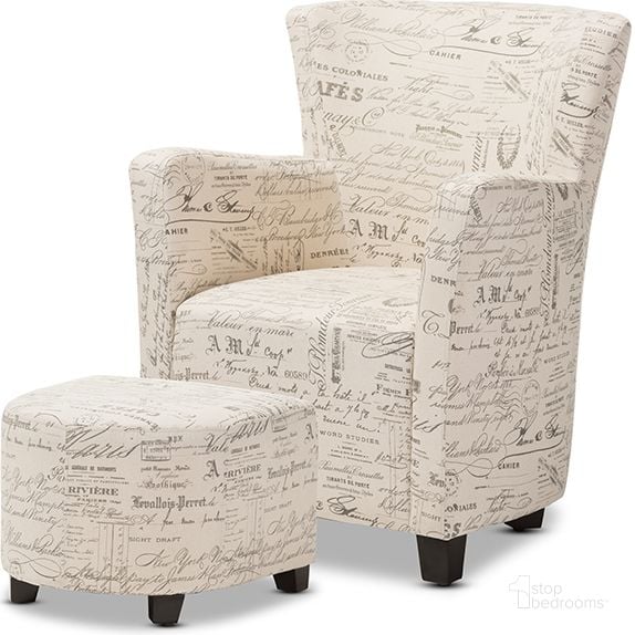 The appearance of Baxton Studio Benson French Script Patterned Fabric Club Chair And Ottoman Set designed by Baxton Studio in the modern / contemporary interior design. This beige piece of furniture  was selected by 1StopBedrooms from Benson Collection to add a touch of cosiness and style into your home. Sku: WS-0710-Beige-L277. Material: Fabric. Product Type: Living Room Chair. Image1