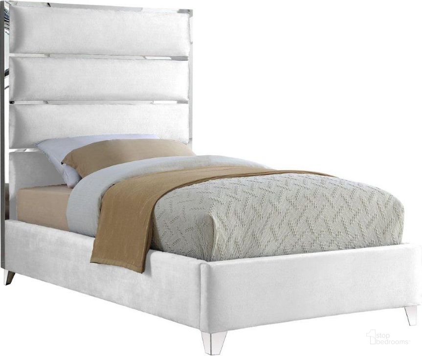 The appearance of Zuma White Velvet Twin Bed designed by Meridian in the modern / contemporary interior design. This white velvet piece of furniture  was selected by 1StopBedrooms from Zuma Collection to add a touch of cosiness and style into your home. Sku: ZumaWhite-T-1;ZumaWhite-T-2. Bed Type: Platform Bed. Product Type: Platform Bed. Bed Size: Twin. Material: Velvet. Image1