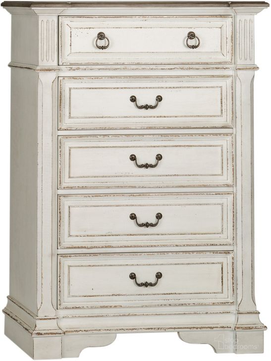 The appearance of Abbey Park Antique White 5 Drawer Chest designed by Liberty in the traditional interior design. This white piece of furniture  was selected by 1StopBedrooms from Abbey Park Collection to add a touch of cosiness and style into your home. Sku: 520-BR41. Product Type: Chest. Material: Rubberwood. Image1