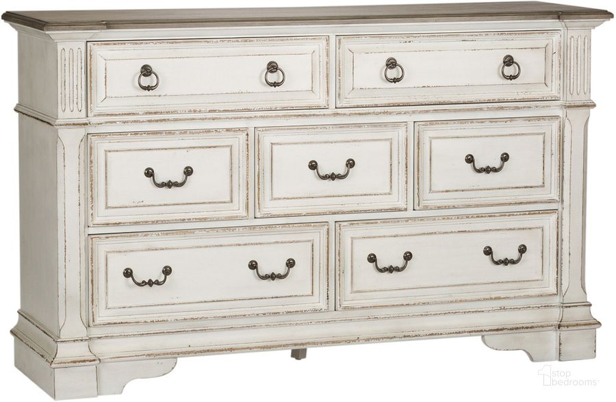 The appearance of Abbey Park Antique White 7 Drawer Dresser designed by Liberty in the traditional interior design. This white piece of furniture  was selected by 1StopBedrooms from Abbey Park Collection to add a touch of cosiness and style into your home. Sku: 520-BR31. Product Type: Dresser. Material: Rubberwood. Image1
