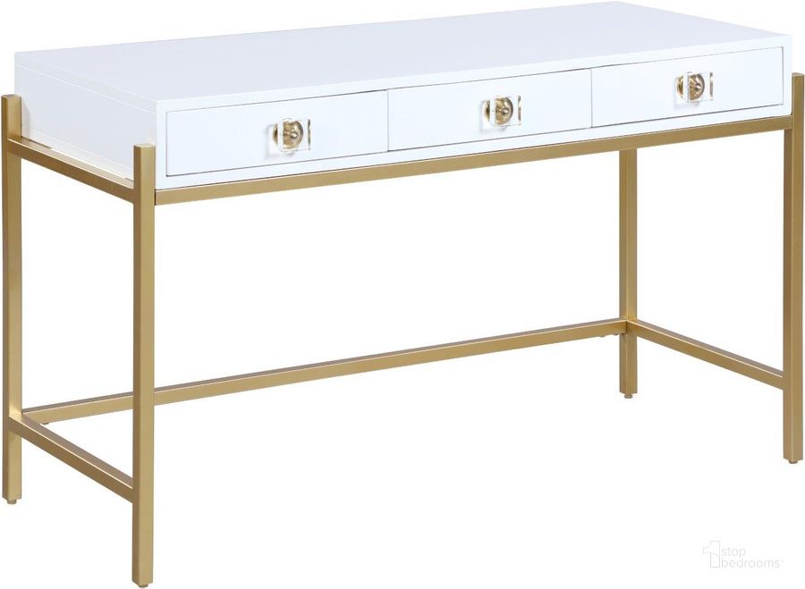 The appearance of Abigail White and Gold Desk Or Console designed by Meridian in the modern / contemporary interior design. This white and gold piece of furniture  was selected by 1StopBedrooms from Abigail Collection to add a touch of cosiness and style into your home. Sku: 428-T. Material: Wood. Product Type: Console Table. Image1