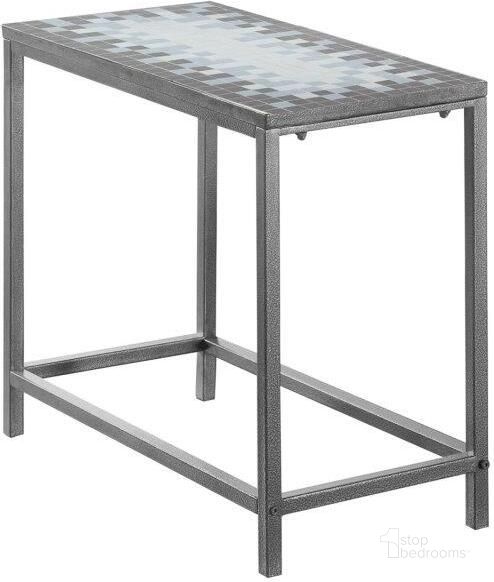 The appearance of Accent Table In Grey With Blue Tile Top And Ha Mmered Silver I 3143 designed by Monarch Specialties in the transitional interior design. This grey piece of furniture  was selected by 1StopBedrooms from  to add a touch of cosiness and style into your home. Sku: I 3143. Material: Metal. Product Type: Accent Table. Image1