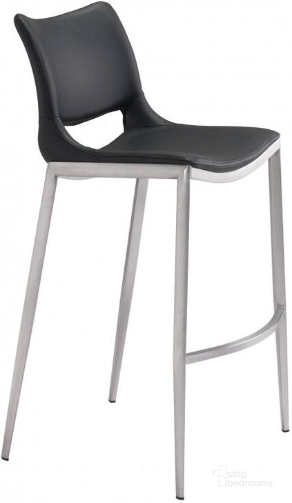 The appearance of Ace Black and Brushed Stainless Steel Bar Chair Set Of 2 designed by Zuo Modern in the modern / contemporary interior design. This black piece of furniture  was selected by 1StopBedrooms from Ace Collection to add a touch of cosiness and style into your home. Sku: 101284. Product Type: Bar Chair. Material: Stainless Steel. Image1