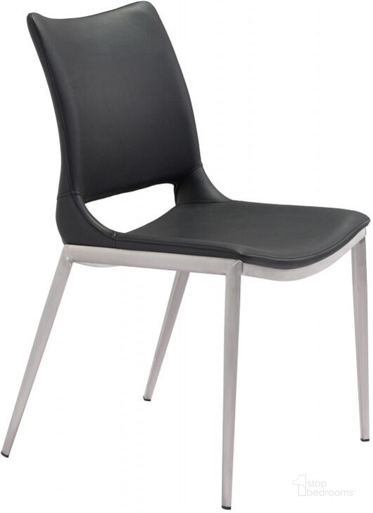 The appearance of Ace Black and Brushed Stainless Steel Dining Chair Set Of 2 designed by Zuo Modern in the modern / contemporary interior design. This black piece of furniture  was selected by 1StopBedrooms from Ace Collection to add a touch of cosiness and style into your home. Sku: 101280. Product Type: Dining Chair. Material: Stainless Steel. Image1